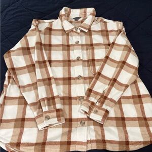 Eddie Bauer Cream and Brown Plaid Button-Up Shacket